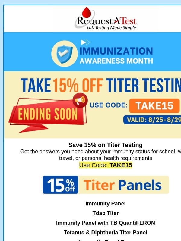 Final Chance: Get 15% Off Titer Testing Today! email from Request A Test