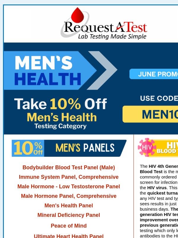Track your vital health markers - Take 10% Off Men's Health Testing email from Request A Test