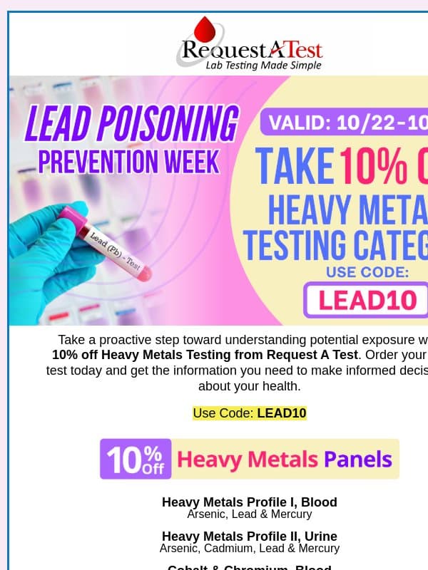 Save 10% Off Heavy Metals Testing—Order Today email from Request A Test