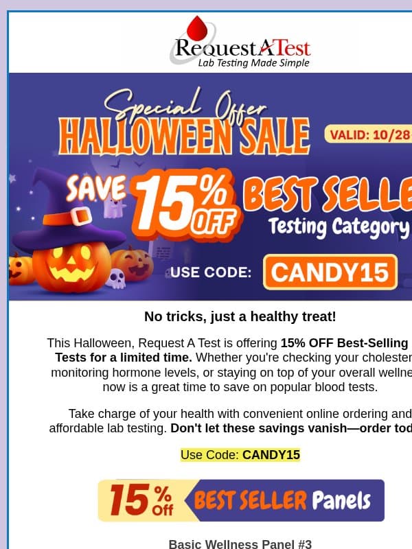 No Tricks, Just 15% Off Best Sellers! 🎃 email from Request A Test