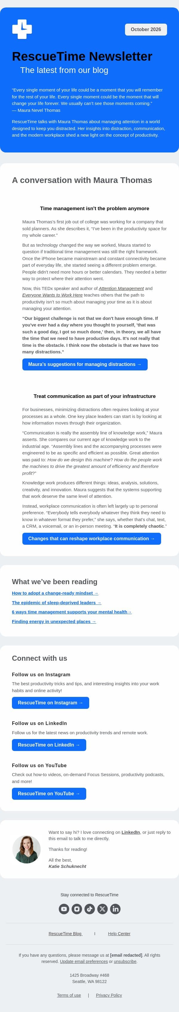 An interview with Maura Thomas, attention management expert email from RescueTime screenshot