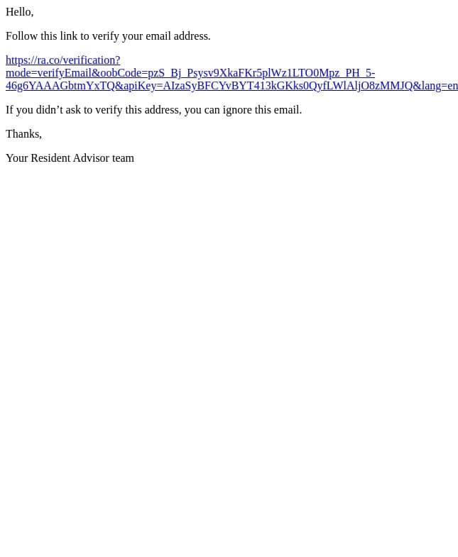 Verify your email for Resident Advisor email from Resident Advisor screenshot