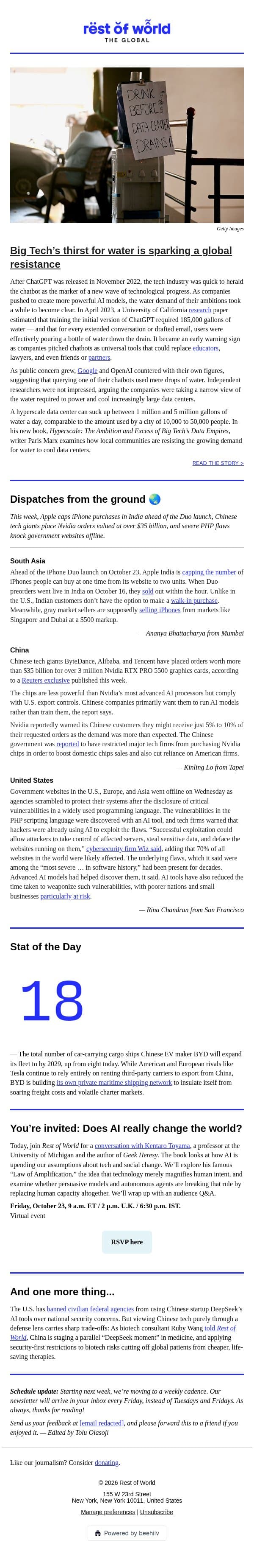 Big Tech’s thirst for water is sparking a global resistance email from Rest of World screenshot