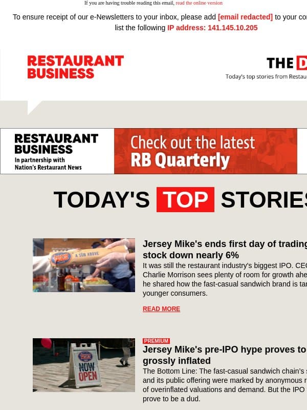Jersey Mike's stock falls on its IPO email from Restaurant Business
