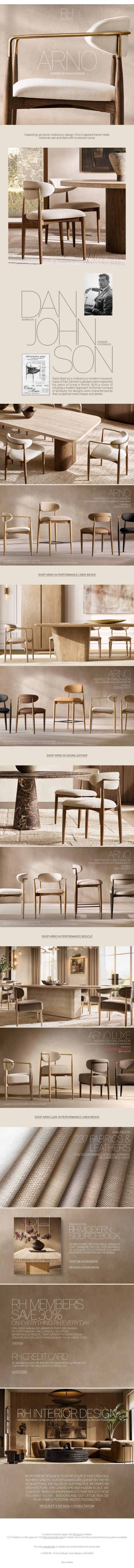 The Arno Dining Chair in American Oak. Starting at $295. email from Restoration Hardware screenshot