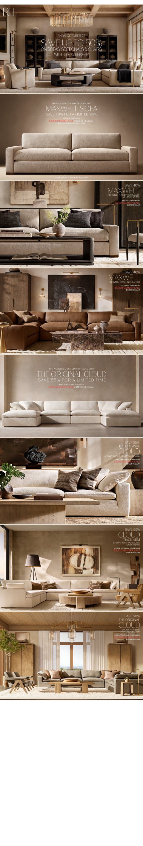 Fall Savings End October 22. Discover Up to 50% Off Sofas, Sectionals & Chairs. email from Restoration Hardware screenshot