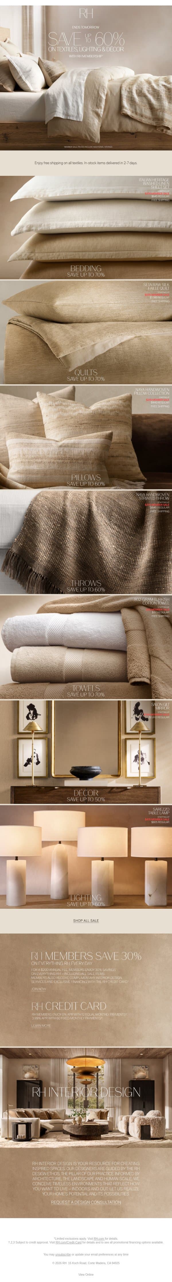 Ends Tomorrow. Savings Up to 60% on Textiles, Lighting & Décor. email from Restoration Hardware screenshot