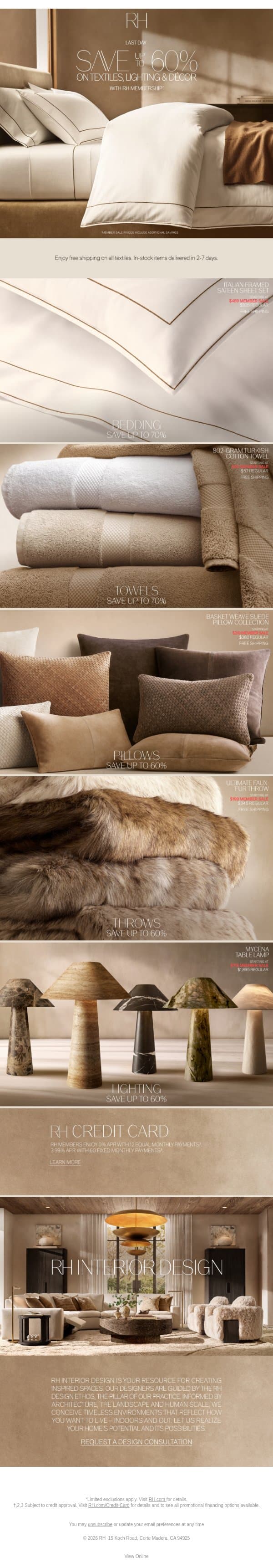 Last Day to Save Up to 60% on Textiles, Lighting & Décor email from Restoration Hardware screenshot