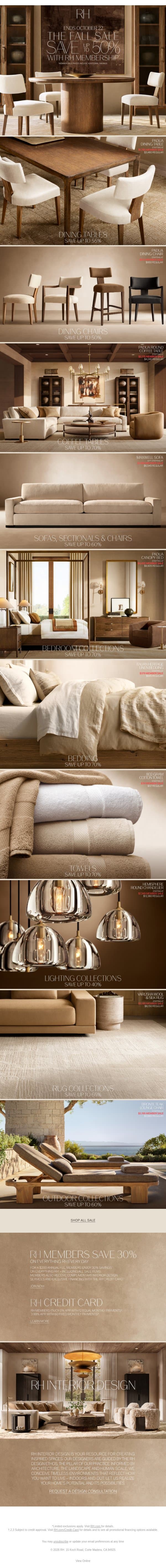 Ends October 22. Enjoy Up to 50% Off Dining, Living, Bedroom & More. email from Restoration Hardware screenshot