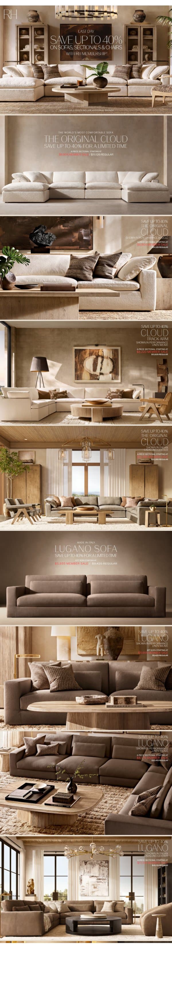 Enjoy Savings Up to 40% on Sofas, Sectionals & Chairs. Last Day. email from Restoration Hardware screenshot