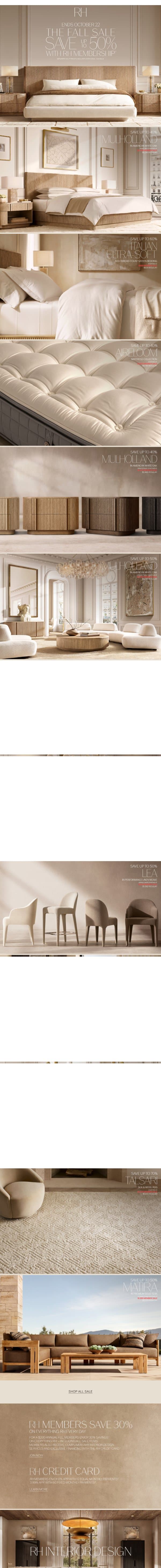 Enjoy Up to 50% Off Bedroom, Living, Dining & More. The Fall Sale Ends October 22. email from Restoration Hardware screenshot