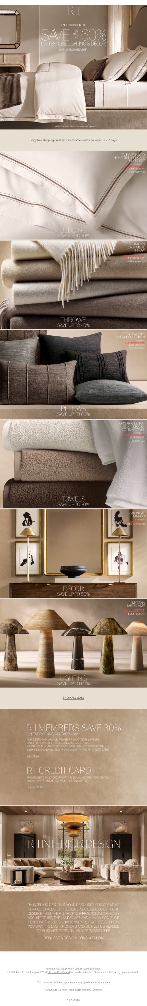 Explore Savings Up to 60% on Textiles, Lighting & Décor. Ends October 30. email from Restoration Hardware screenshot