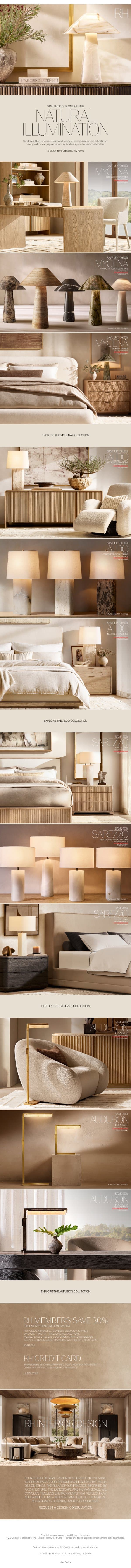 Natural Illumination. Up to 60% Off Select Lighting for a Limited Time. email from Restoration Hardware screenshot