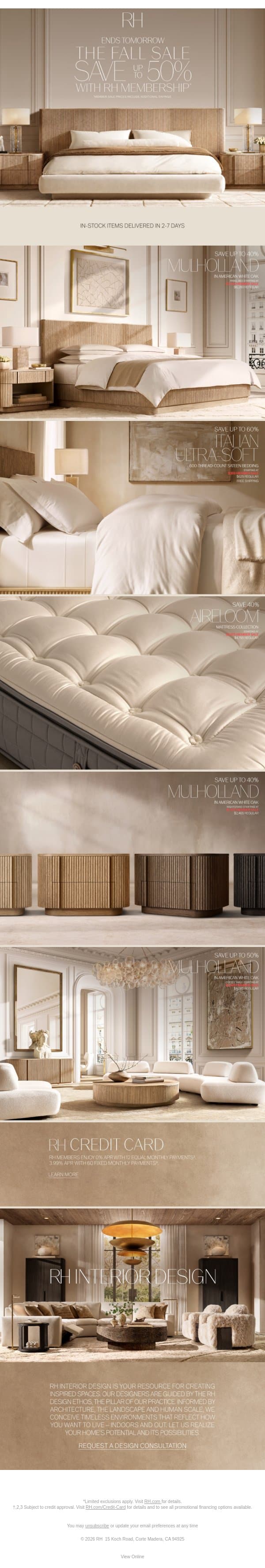 The Fall Sale Ends Tomorrow. Up to 50% Off Bedroom, Living, Dining & More. email from Restoration Hardware screenshot