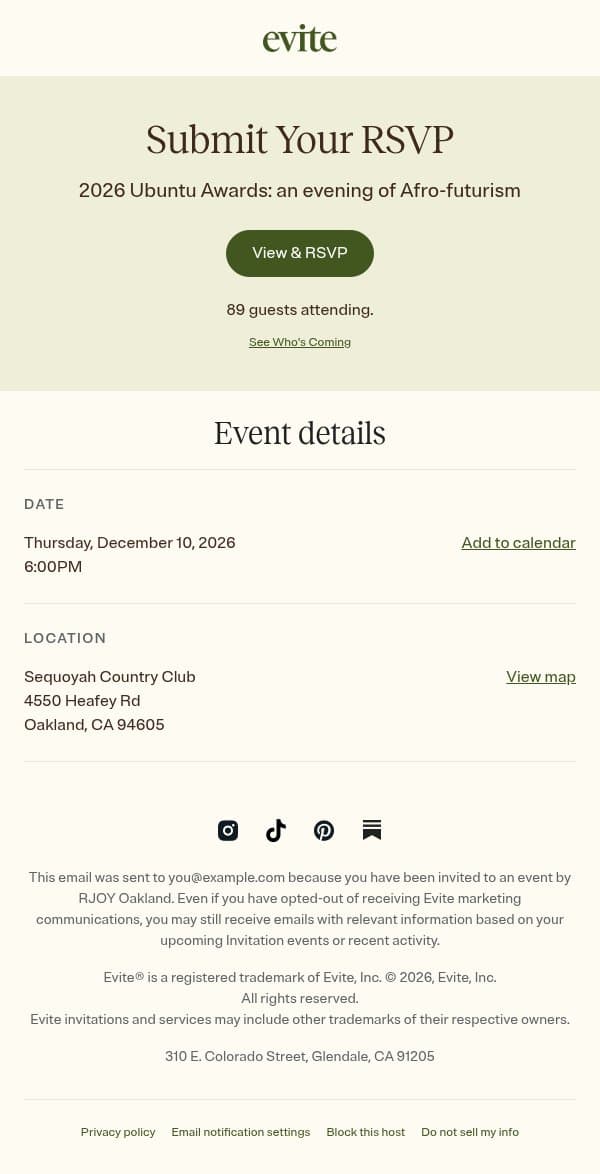 Please RSVP to 2026 Ubuntu Awards: an evening of Afro-futurism email from Restorative Justice for Oakland Youth (RJOY) screenshot