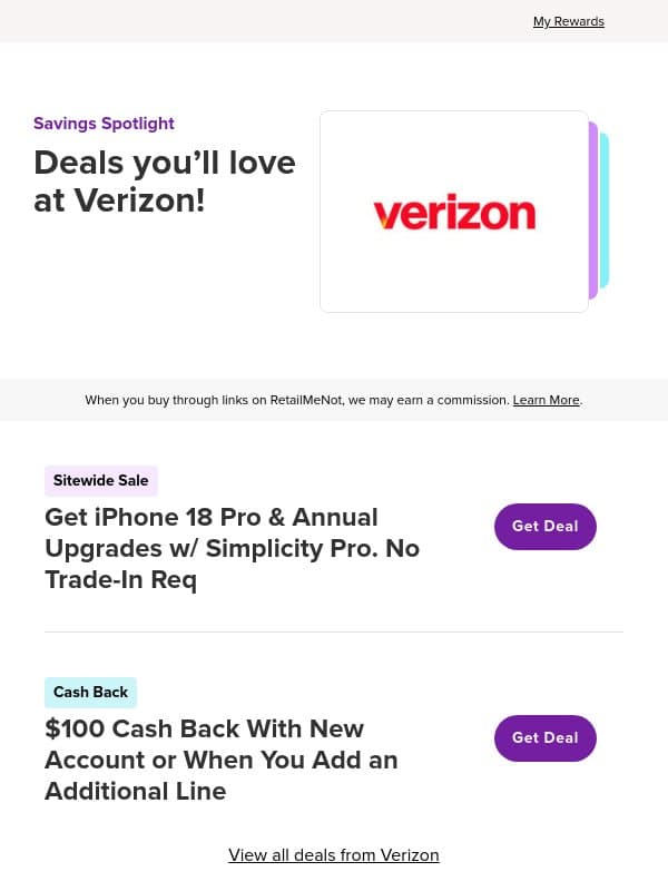 π± Verizon: iPhone 18 Pro & Annual Upgrades + $100 Cash Back! email from RetailMeNot