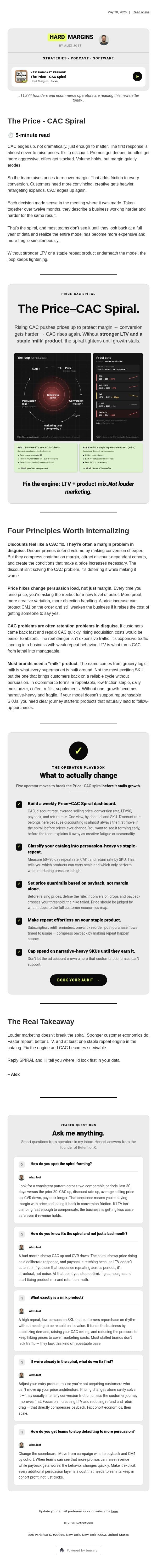 Rising CAC pushes prices up. Higher prices make conversion harder. CAC rises again. email from RetentionX screenshot