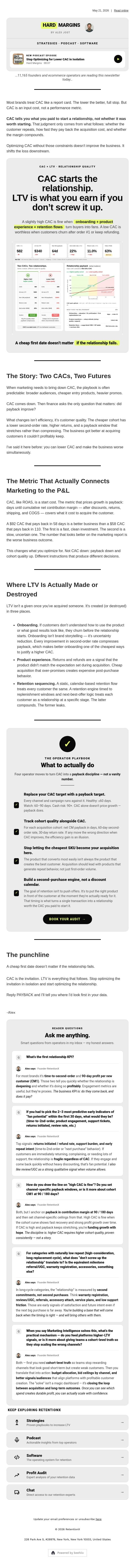 Stop optimizing for low CAC in Isolation. email from RetentionX screenshot