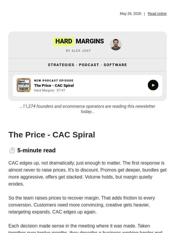 Rising CAC pushes prices up. Higher prices make conversion harder. CAC rises again. email from RetentionX