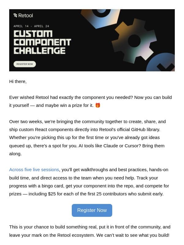 🎁 Build to Win: Join Retool’s Community Building Challenge email from Retool