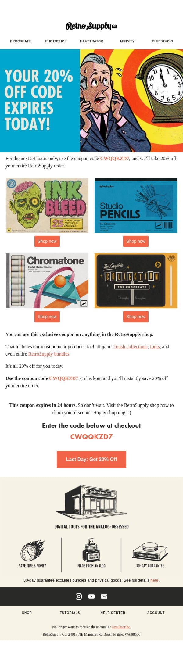 Last day to save 20%… (Ends in 24 Hours) email from RetroSupply Co. screenshot