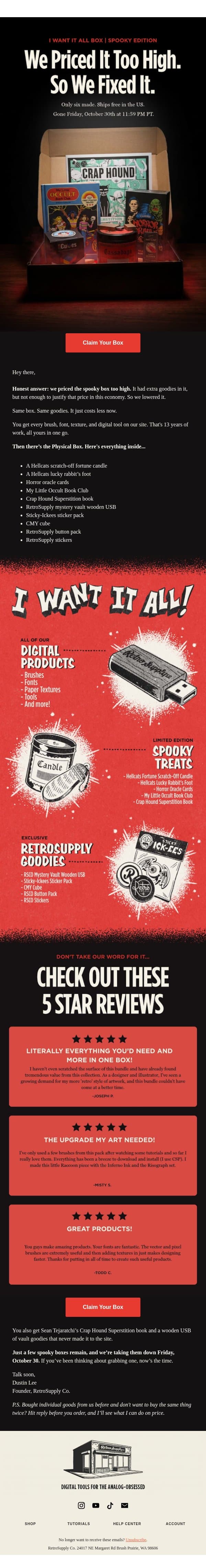 We lowered the price on the spooky box email from RetroSupply Co. screenshot