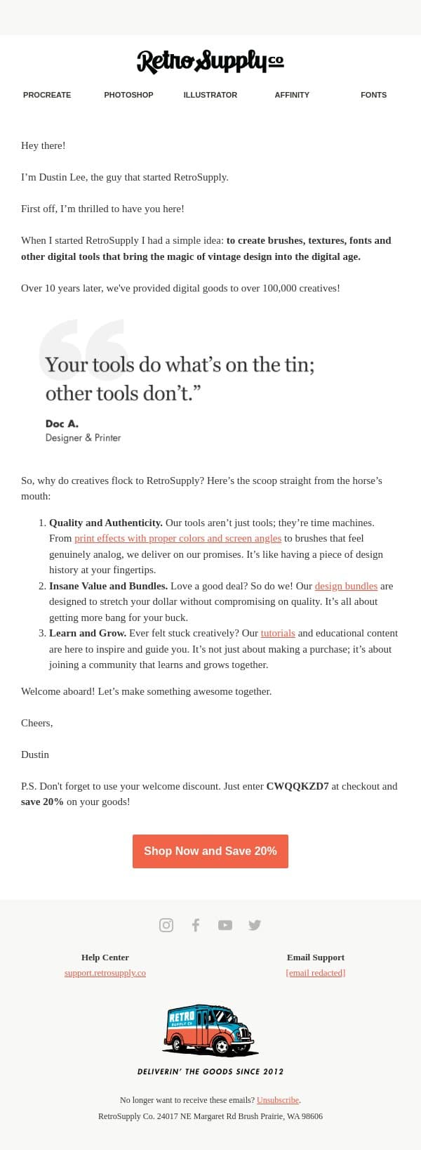 3 reasons creatives love us email from RetroSupply Co. screenshot