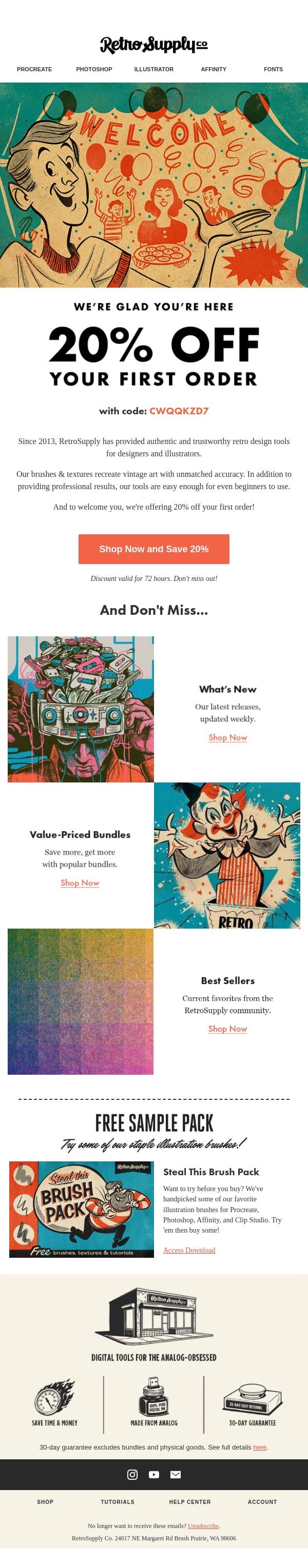 Get 20% off your first order... (Coupon code inside) email from RetroSupply Co. screenshot