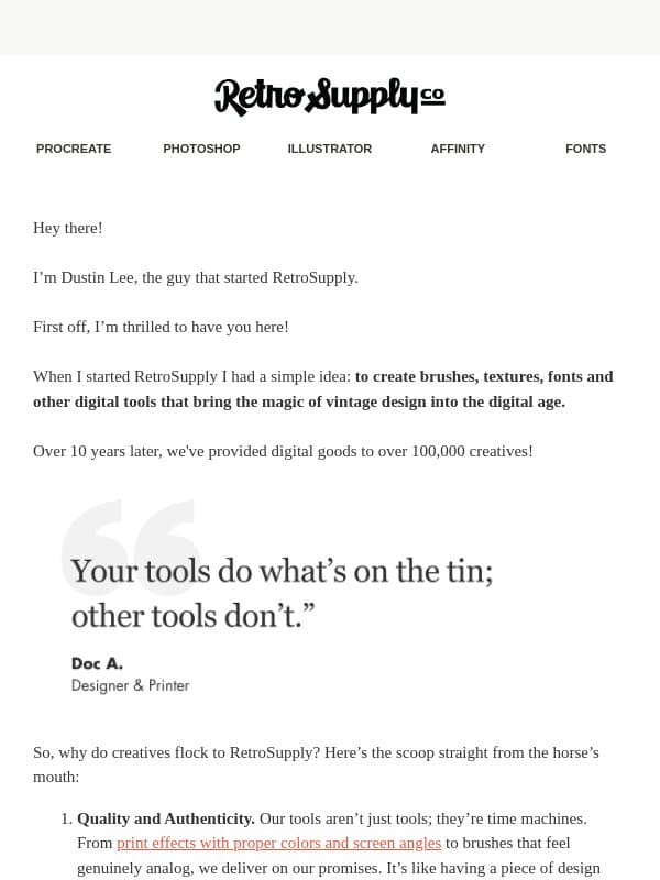 3 reasons creatives love us email from RetroSupply Co.