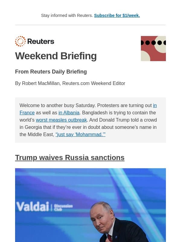 Trump waives Russia sanctions email from Reuters