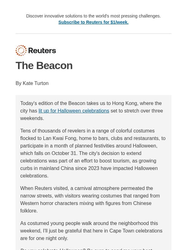Halloween in Hong Kong email from Reuters