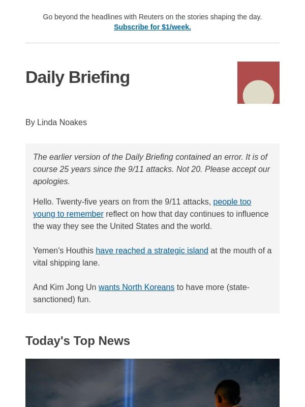 CORRECTED: 9/11 as history, not memory email from Reuters