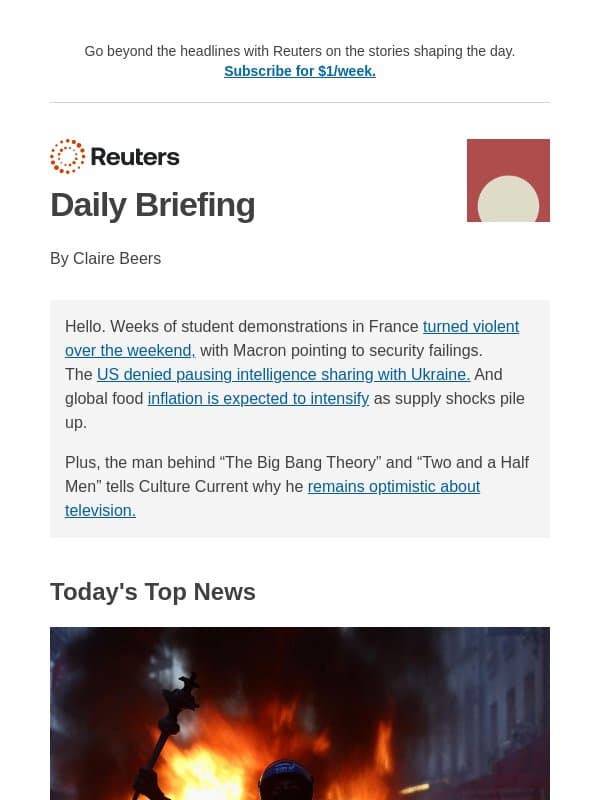 France reels after violent protests email from Reuters