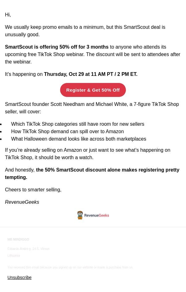 50% off SmartScout for 3 months email from Revenue Geeks screenshot