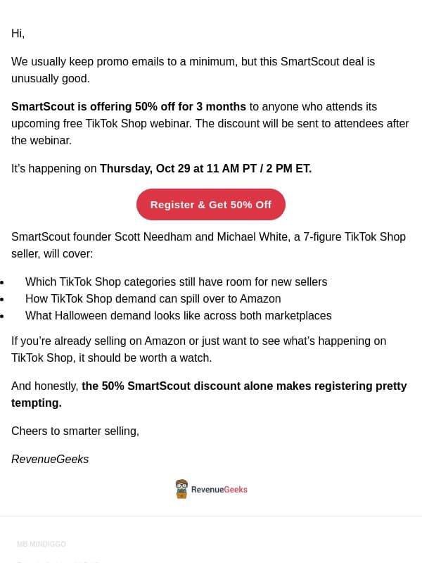50% off SmartScout for 3 months email from Revenue Geeks
