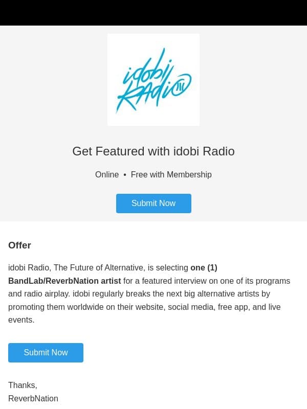 Last Call: Airplay on idobi Radio, where millions are listening π§ email from ReverbNation