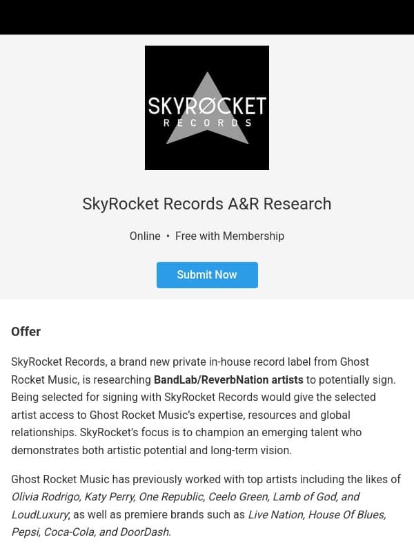 Get Signed to SkyRocket Records email from ReverbNation