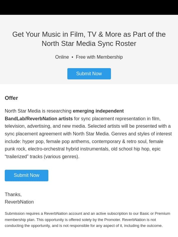 Last Call: Get your music on TV, film, & advertising with North Star Media email from ReverbNation