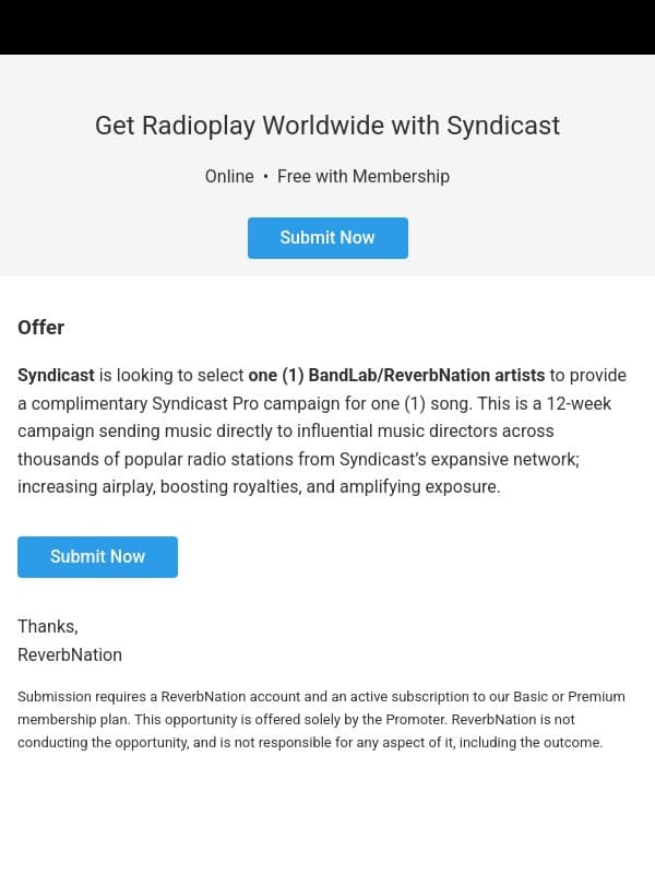 Last Call: Get Radioplay Worldwide with Syndicast email from ReverbNation