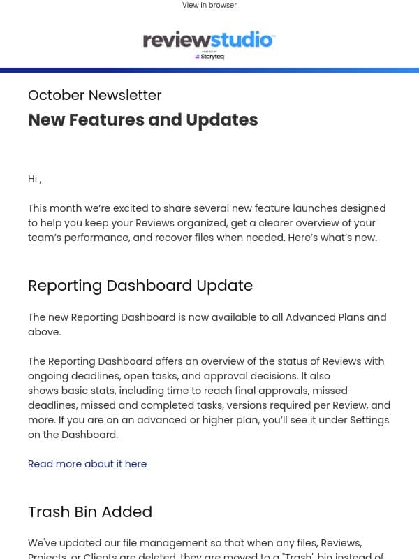 New Features and Updates email from ReviewStudio