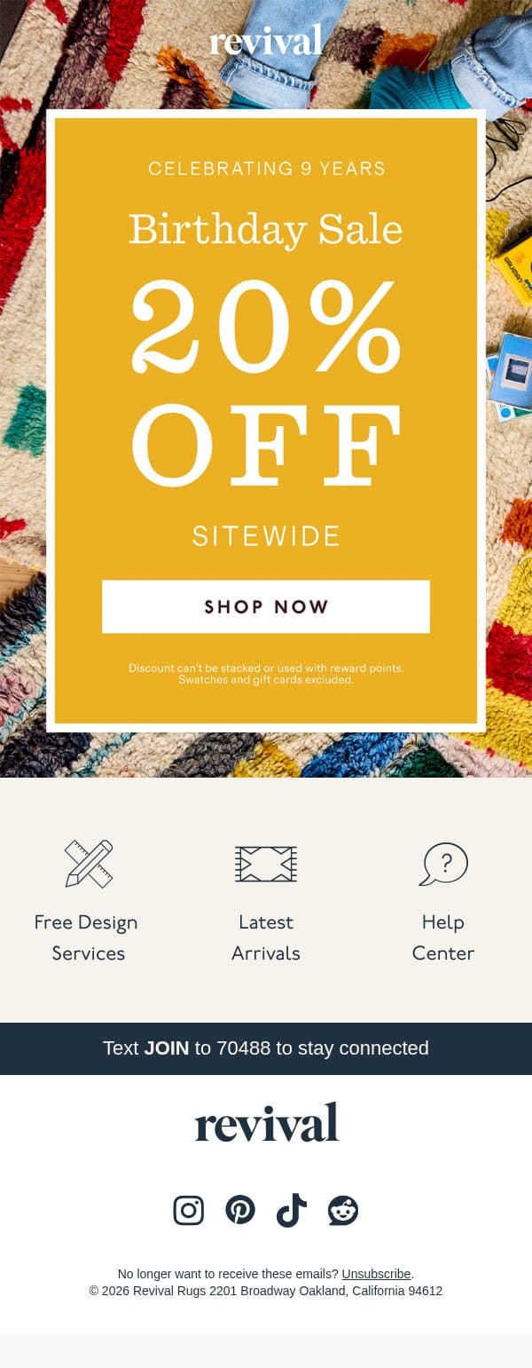 20% off ends tomorrow email from Revival Rug screenshot
