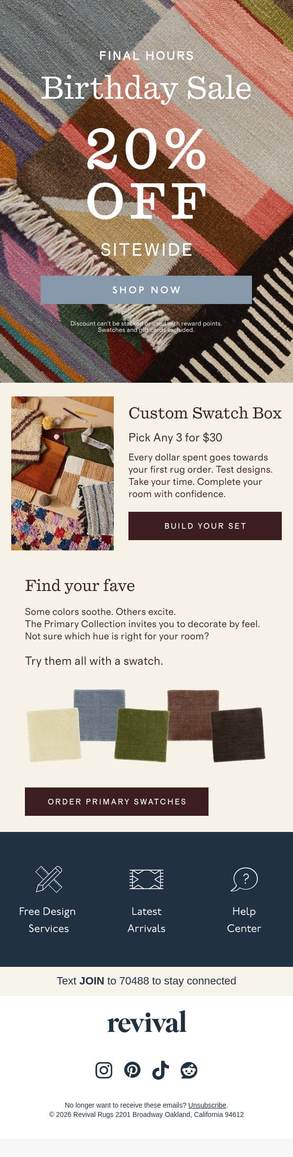 20% off ends tonight email from Revival Rug screenshot