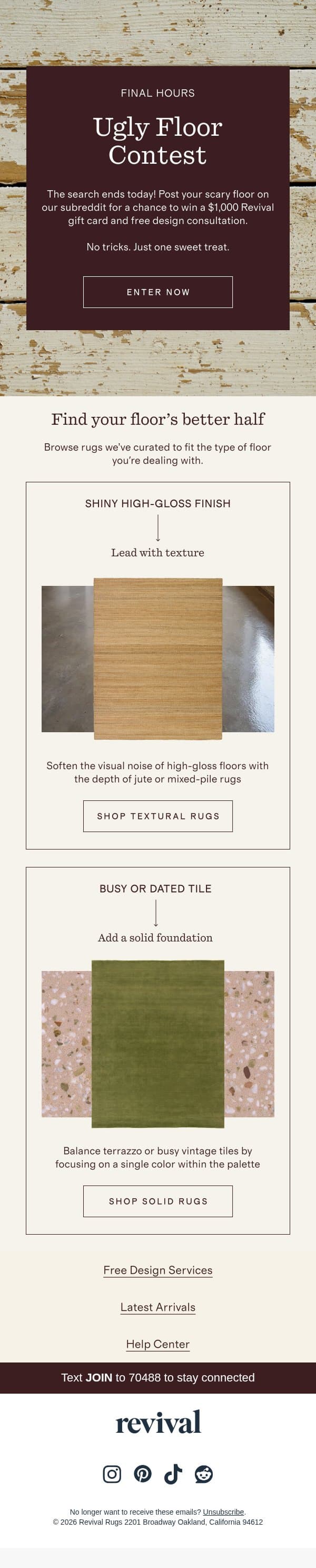 Last chance to win a $1k gift card email from Revival Rug screenshot