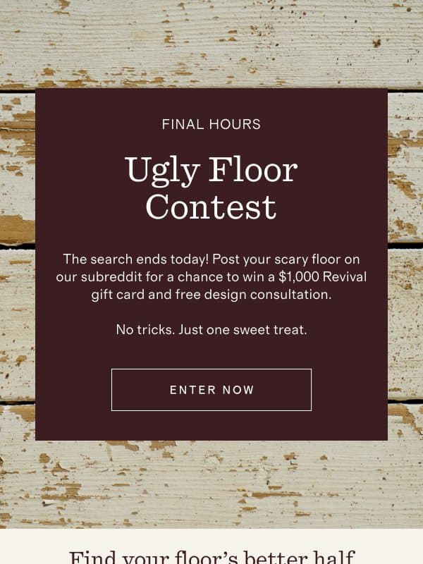 Last chance to win a $1k gift card email from Revival Rug