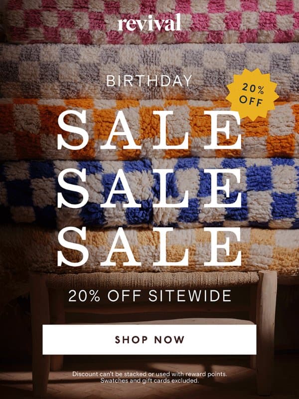 20% off sitewide is happening right now email from Revival Rug