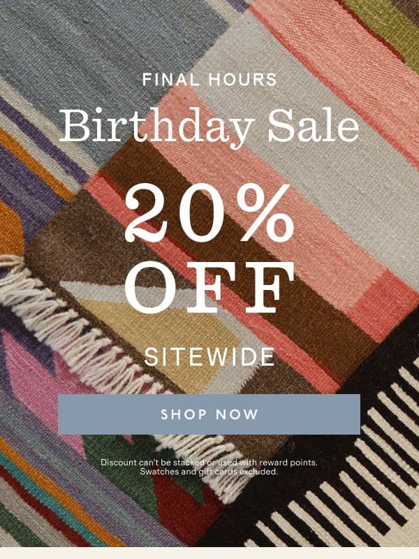 20% off ends tonight email from Revival Rug