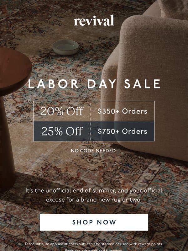 Don’t wait on up to 25% off email from Revival Rug