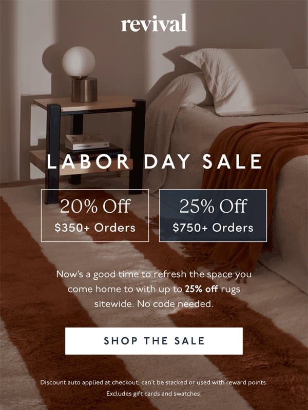 Labor Day savings are on email from Revival Rug