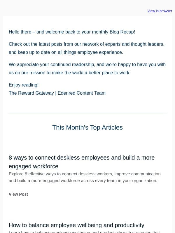 Your monthly employee experience Blog Recap ✏️ email from Reward Gateway