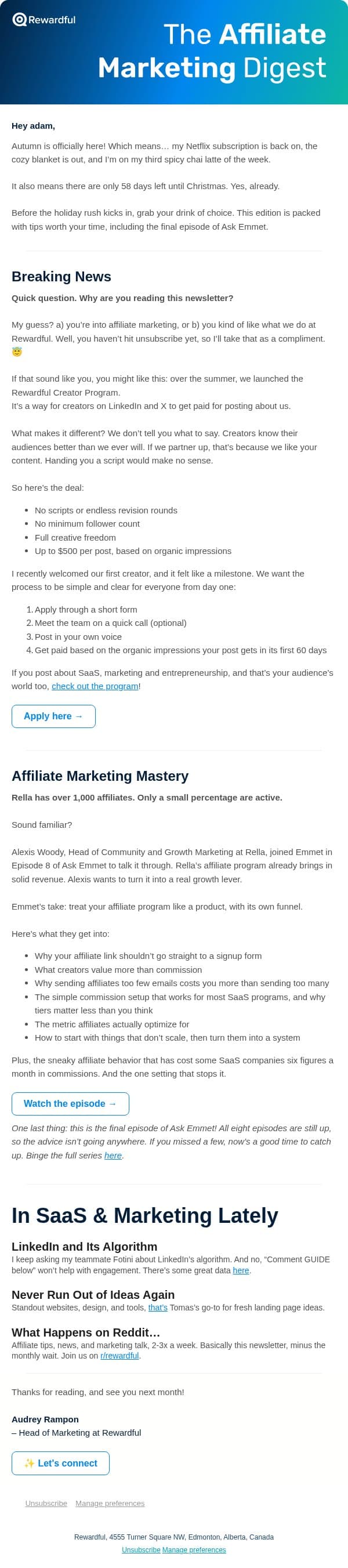 1,000+ affiliates, and barely any are active email from Rewardful screenshot